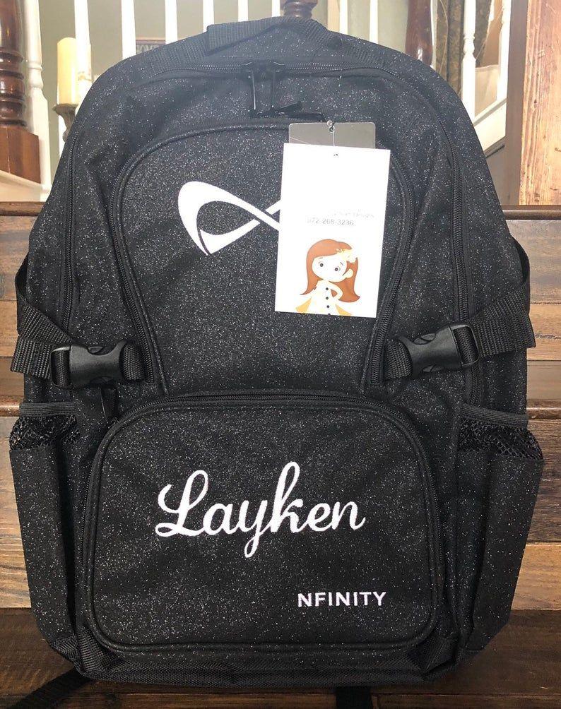 Nfinity Logo - Nfinity Sparkle Backpack with embroidery- BLACK WITH WHITE Logo/Nfinity  backpack/Cheer Backpack/ Free Name added