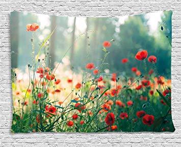 Flowers Red Green One Logo - Ambesonne Nature Tapestry, Wild Red Poppy Flowers Field