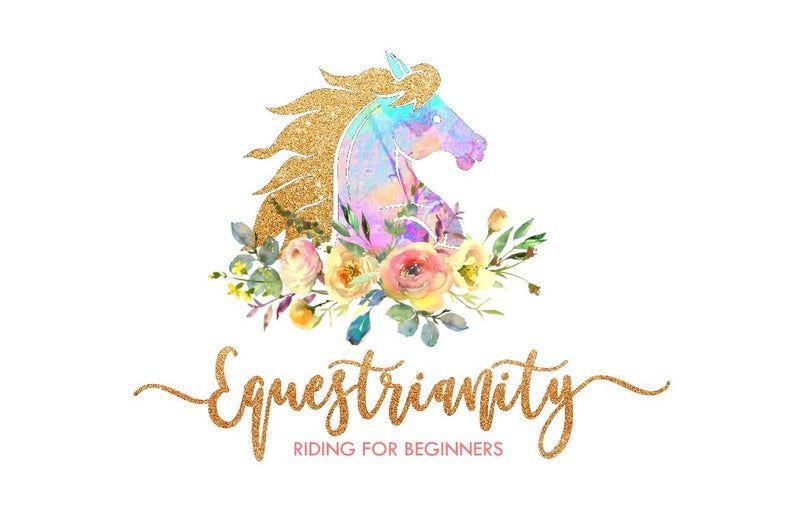 Equestrian Logo - Equestrian Logo / Horse Logo / Farm Logo / Rainbow Horse / Pastel Horse /  Fancy Logo / Gold glitter Logo / Cursive Logo / Swashes, Floral