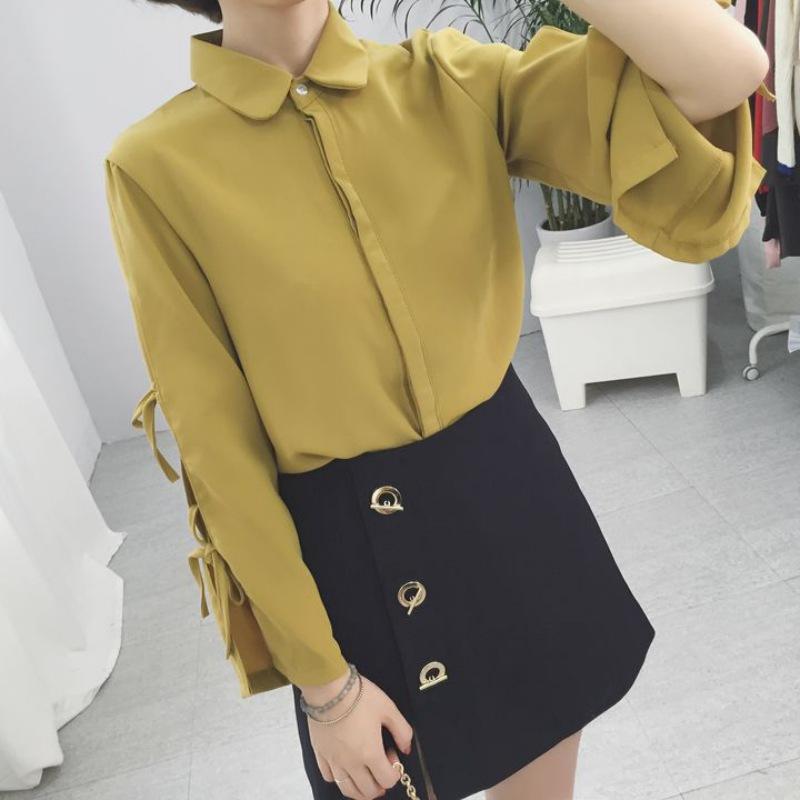 Red and Yellow Peter Pan Logo - women Peter Pan Collar Blouse Korean stylish bow Split long sleeve shirt  Women Tops Yellow Red Solid Color Slim Shirt Casual