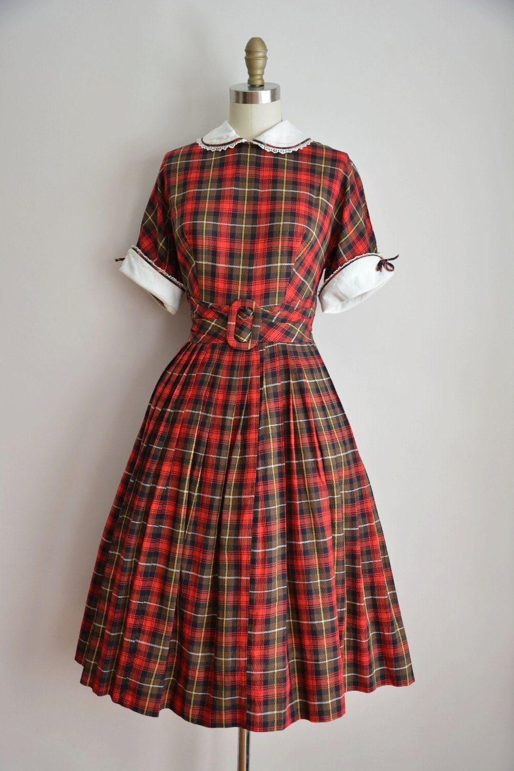 Red and Yellow Peter Pan Logo - Vintage 1950s cotton plaid dress. Brown, red, yellow and white plaid