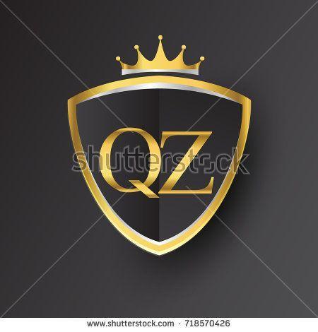 Qz Logo - Initial logo letter QZ with shield and crown Icon golden color