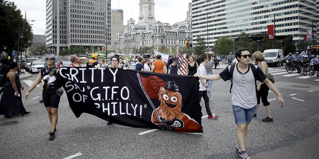 Gritty's Logo - Philadelphia Flyers mascot Gritty's likeness wears Antifa logo at ...
