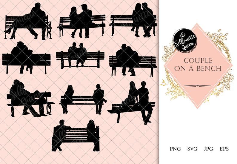 Bench Logo - Couple on a Bench Silhouette. Playground Old Couple Vector. Park Bench. SVG PNG JPG Clipart Clip art Logo