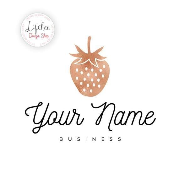 Strawberry Logo - Premade Rose Gold Foil Strawberry Logo Design Template. Rose Gold Cute Fruit Watermark Design Photohop PSD Template