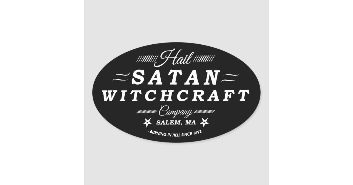 Witchcraft Logo - Hail Satan Witchcraft Co Salem MA Vintage Logo Oval Sticker | Zazzle.com