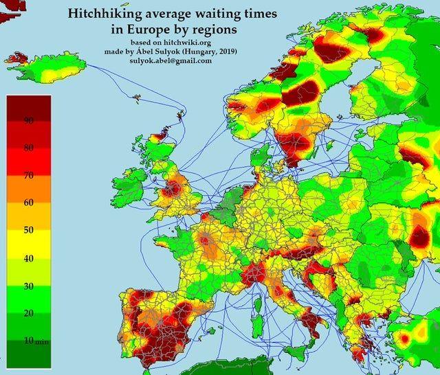 Hitchwiki Logo - Hitchhiking map with the average waiting times of Europe : MapPorn