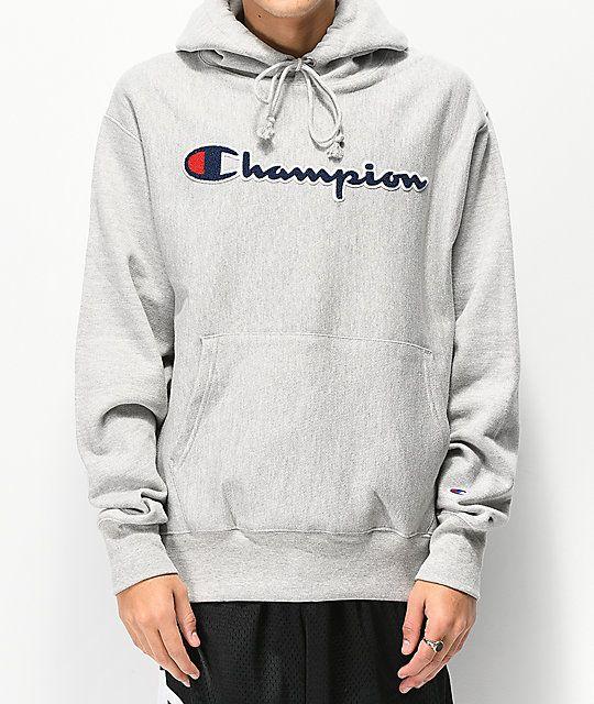 Chenille Logo - Champion Reverse Weave Chenille Logo Grey Hoodie
