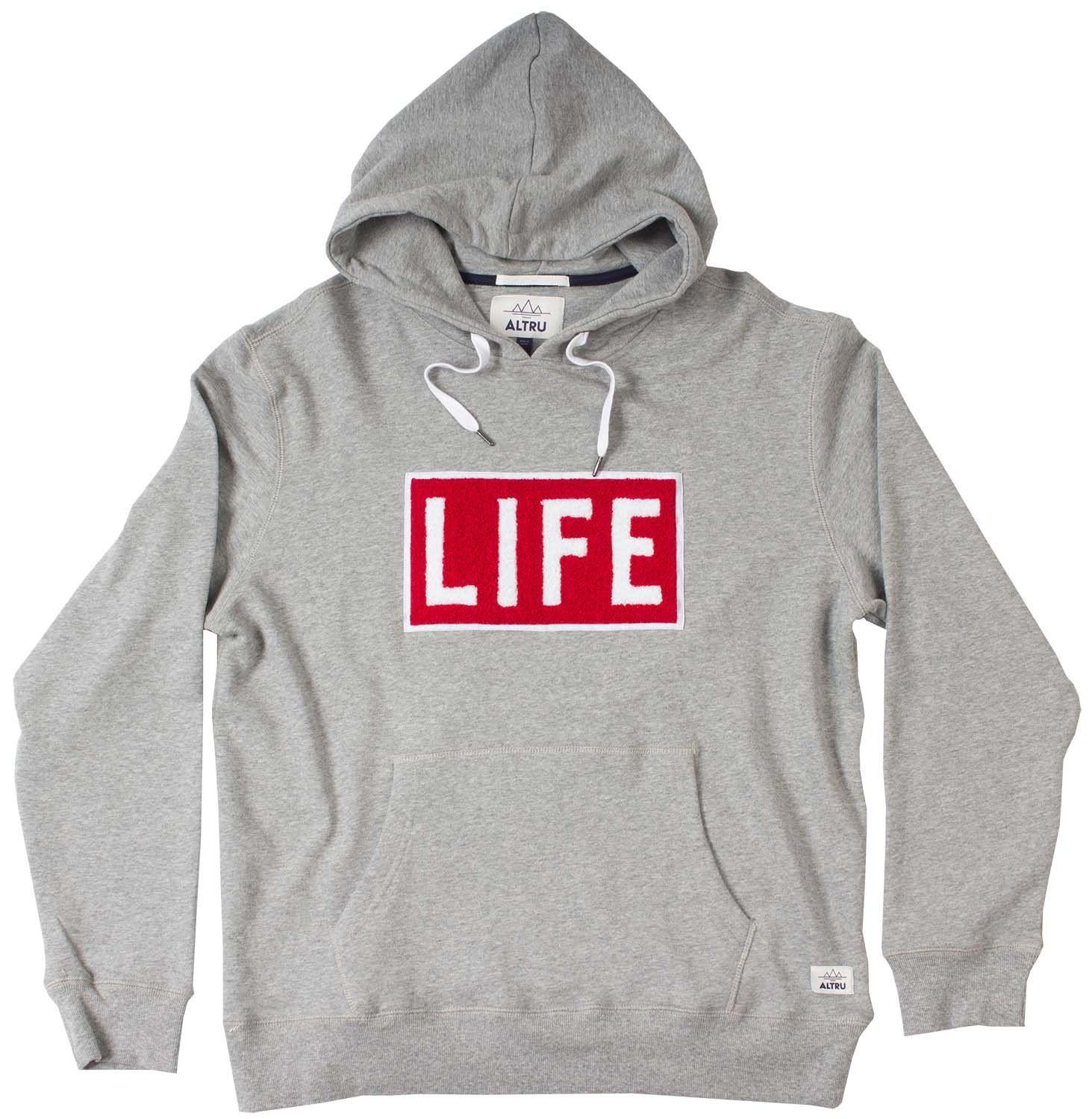 Chenille Logo - LIFE Chenille logo patch men's pullover grey hoodie