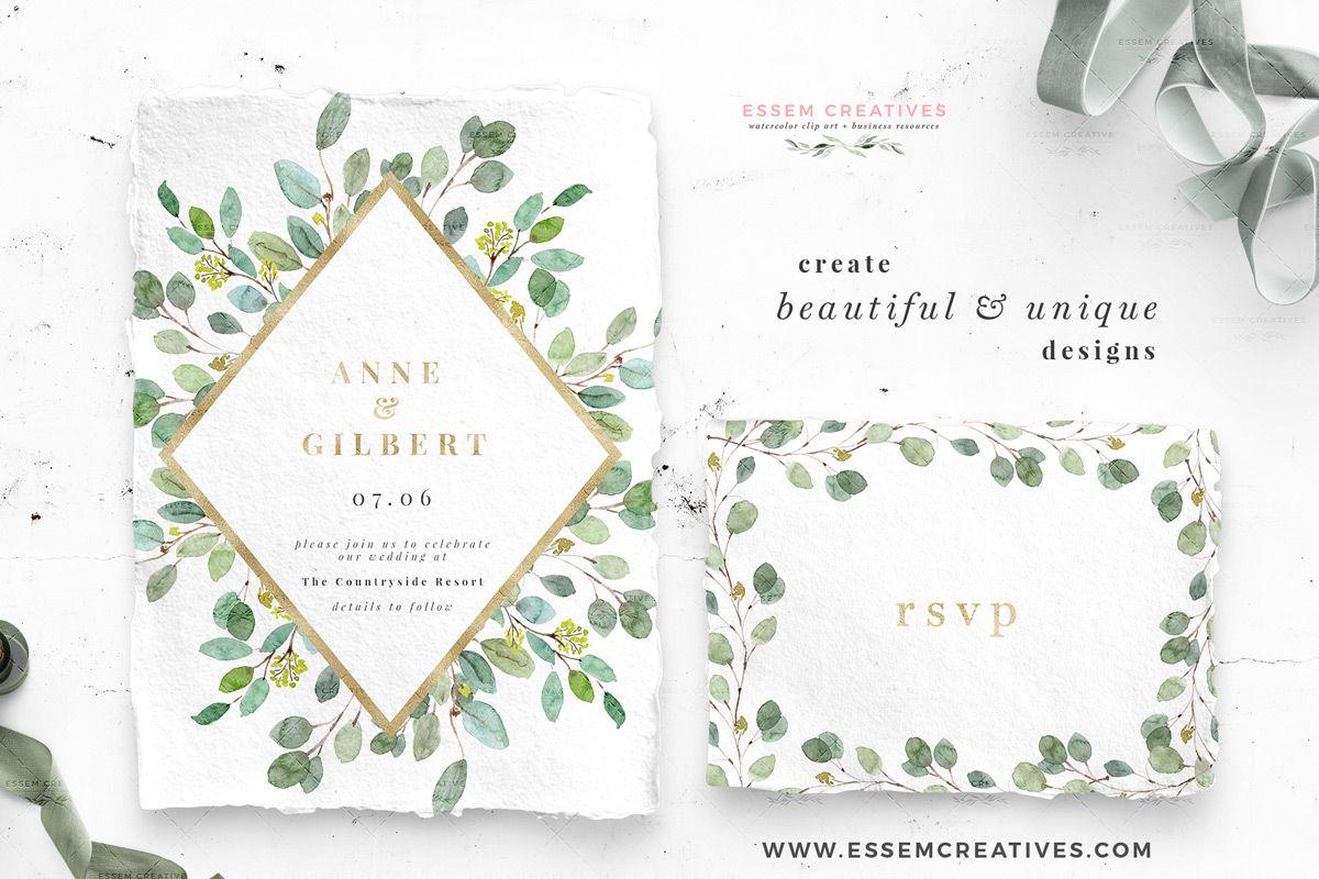 Invitation Logo - Greenery and Gold Wedding Invitation Graphics, Eucalyptus Branch Leaves  Clipart for Invitations Logo Stationery Welcome Signs