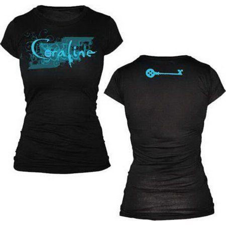 Coraline Logo - Coraline Logo & Blue Key Black Juniors T-Shirt