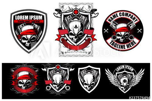 V-Twin Logo - skull biker with piston, wrench and V-twin motorcycle engine vector ...