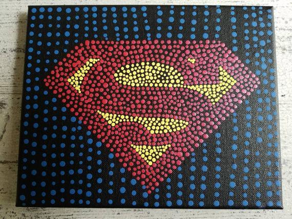 Pointillism Logo - Superman Logo - 8x10 Acrylic painting - dots - pointillism