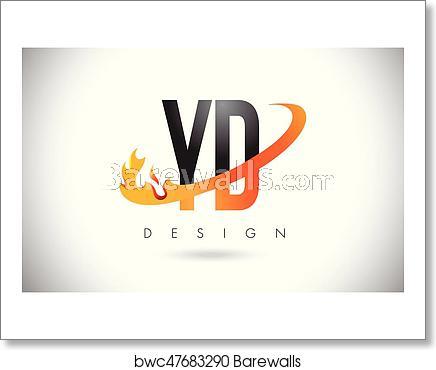 Yd Logo - YD Y D Letter Logo with Fire Flames Design and Orange Swoosh. art print  poster