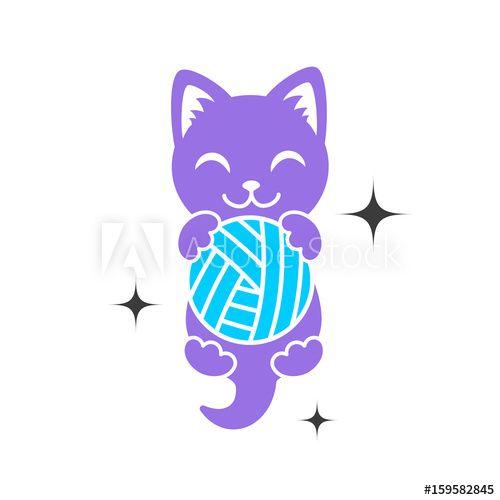 Kitten Logo - A purple shape of kitten with ball in paws. Cat logo. Simple animal