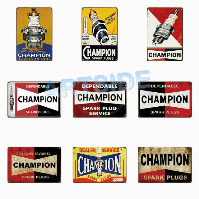 Champion Spark Plugs Logo - TIN SIGN 20*30CM Champion Spark Plugs Garage Auto Shop Station Decor