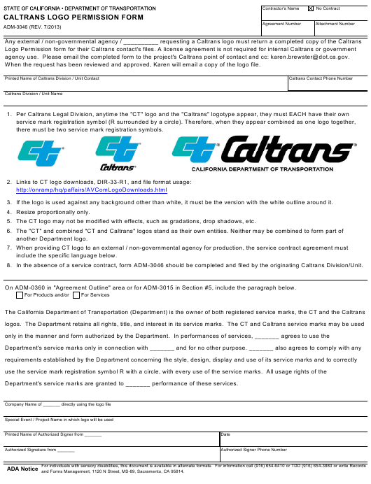 Caltrans Logo - Form ADM-3046 Download Fillable PDF, Caltrans Logo Permission Form ...