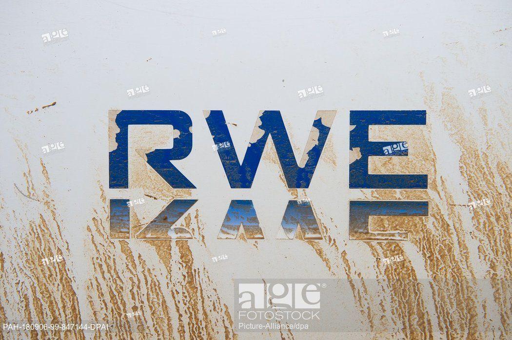 RWE Logo - 06.09.2018: North Rhine-Westphalia, Kerpen: The RWE logo is stuck to ...