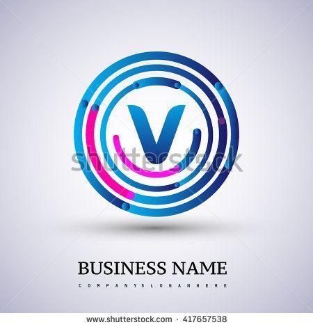 Blue V Company Logo - Letter V vector logo symbol in the circle thin line colored blue and ...