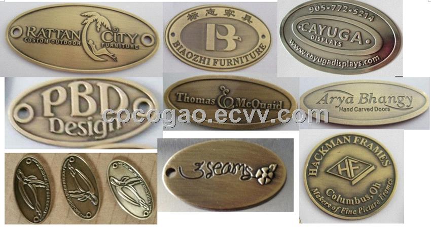 Brass Logo - custom furniture label, Brass logo, adhesive label, Brass furniture badge,  embossed metal tag
