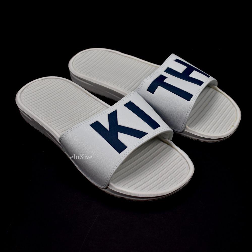 Kith Logo - NWT Kith NYC White Navy Blue Logo Slides Flip Flops Sandals Mens 12