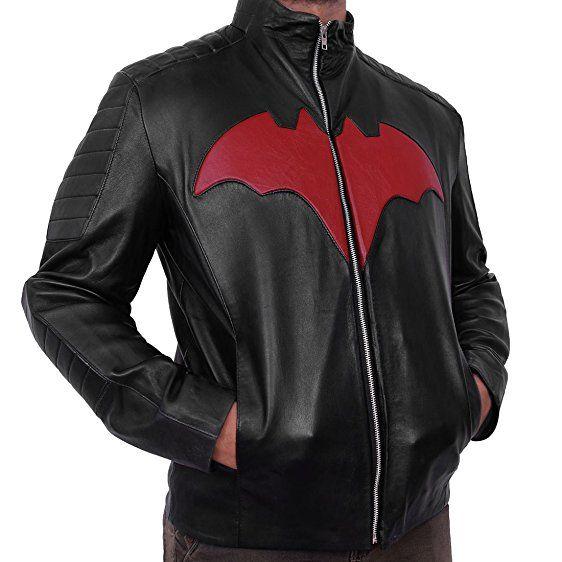 Jackets Logo - Red Bat logo Leather Jacket