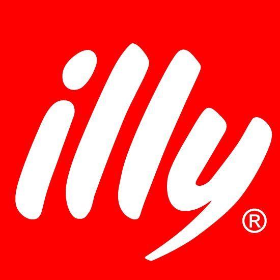 Red and White with a Name and the Square Logo - illy logo: a red square with the brand name written in four soft