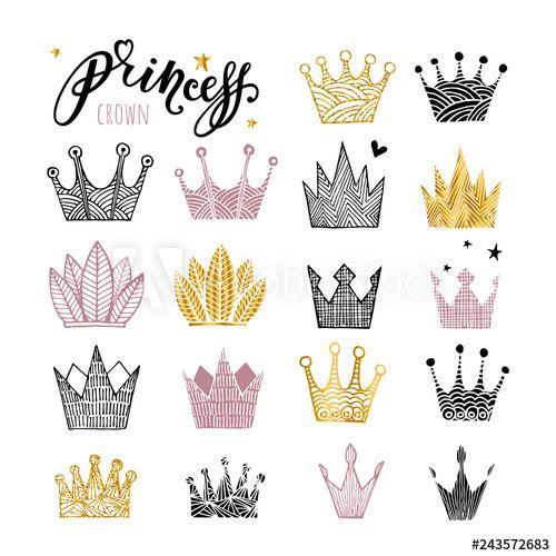 Crowns Logo - Set of doodle sketch crowns for your design. Black, gold and pink