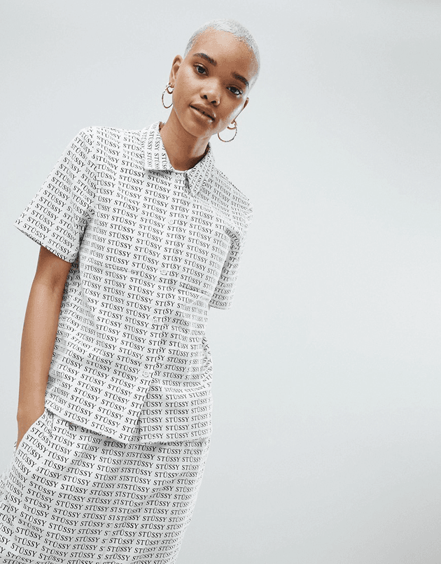Tussy Logo - Stussy Shirt With Repeat Logo Print In Corduroy Co-Ord - White
