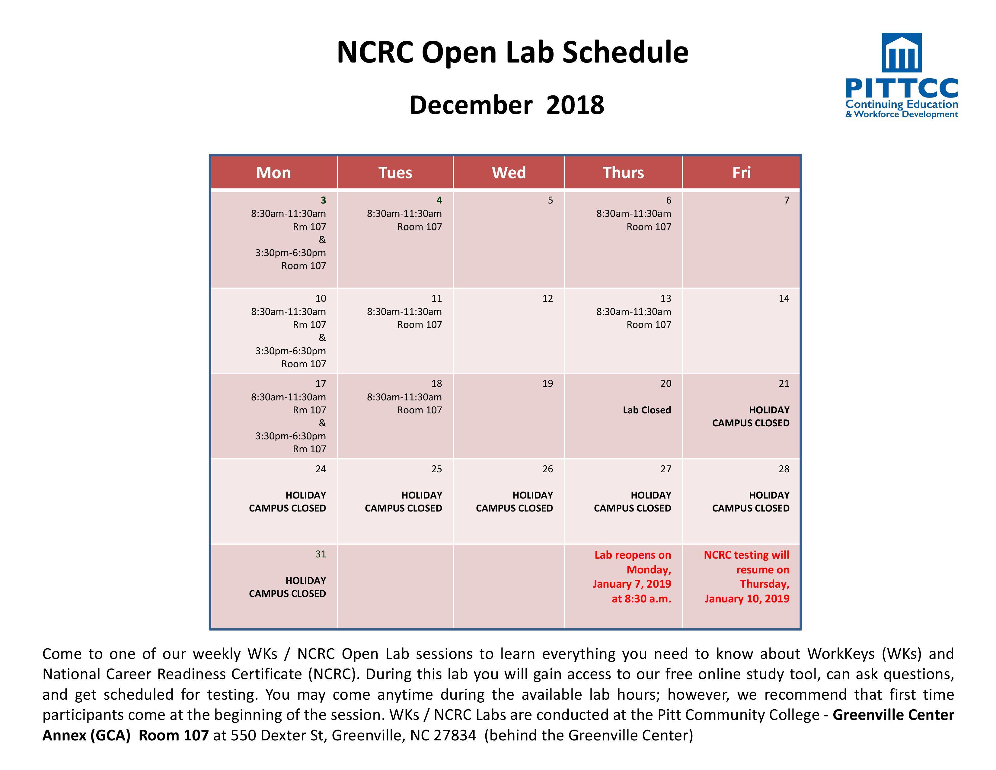 Schedule Logo - NCRC Lab - Lab Schedule December w logo - Pitt Community College