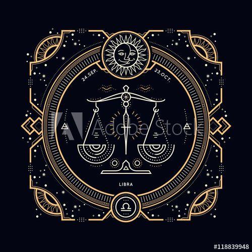 Libra Logo - Vintage thin line Libra zodiac sign label. Retro vector astrological ...