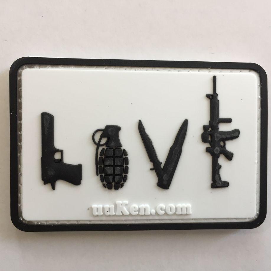 Handgun Logo - LOVE Patch with uuKen logo Grenade Knife AR Rifle PVC Tactical Morale Patch with Velcro on Back Hook Fastener