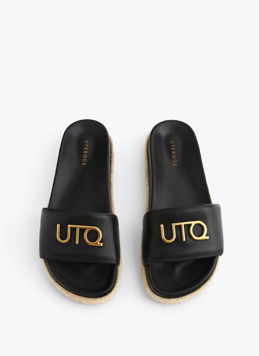 Uterque Logo - Leather footbed sandals with logo