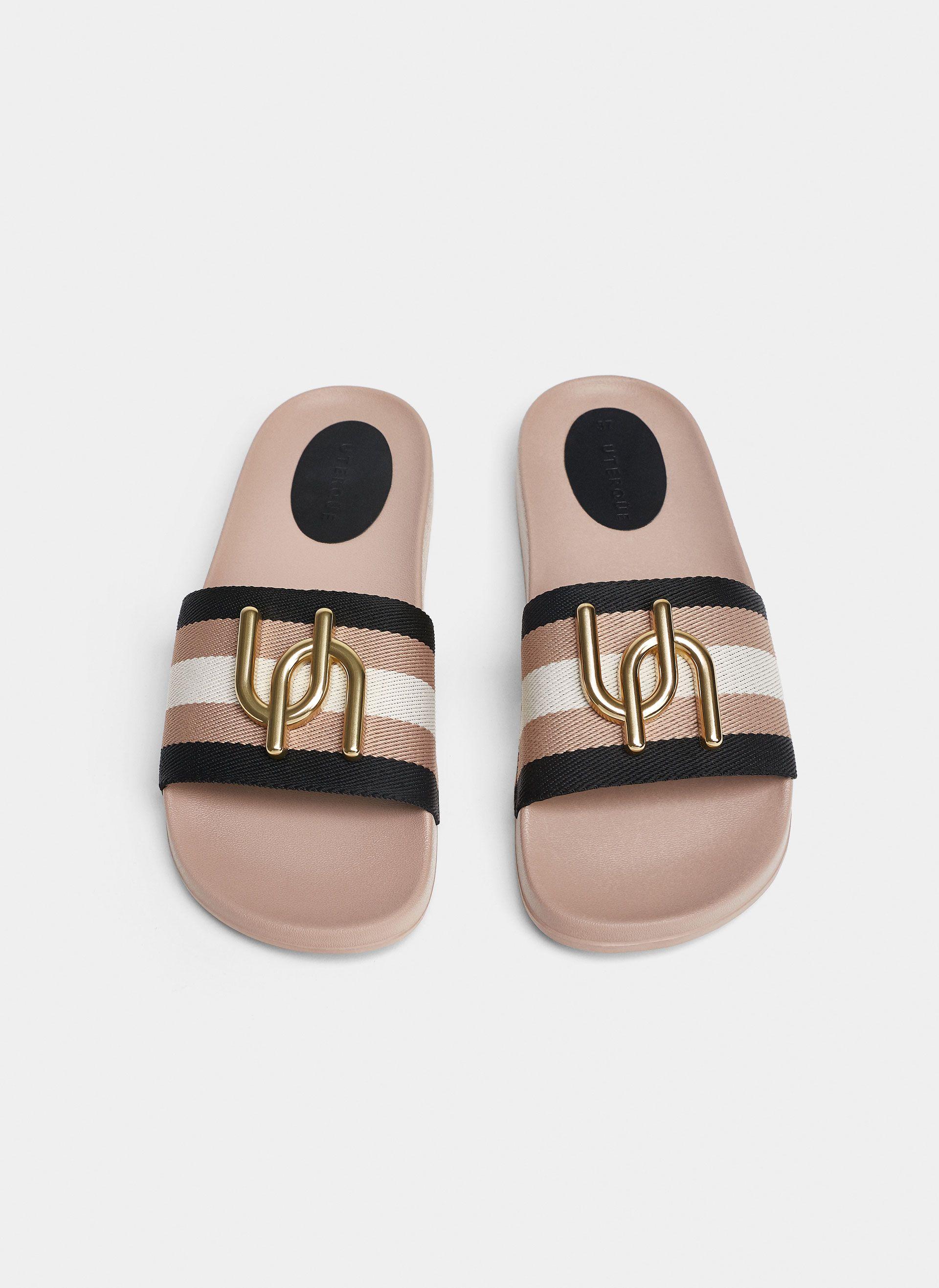 Uterque Logo - Striped slides with logo detail | fashion style | Sandals, Footwear ...