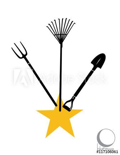 Rake Logo - gardening tools logo or design with yellow star, rake, shovel