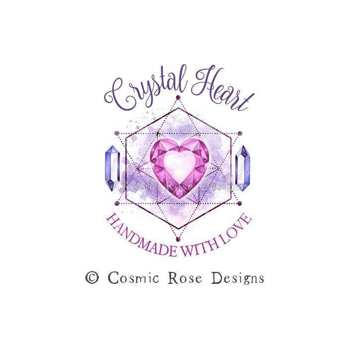 Jewellery Logo - Crystal heart logo pink logo jewelry logo gemstone logo premade logo  watercolor logo amethyst logo love heart logo sacred geometry logo