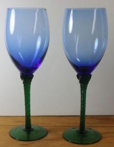 Blue and Green Twist Logo - Hand Blown Glass Blue Bowl Green Twist Stem Water Goblet Wine