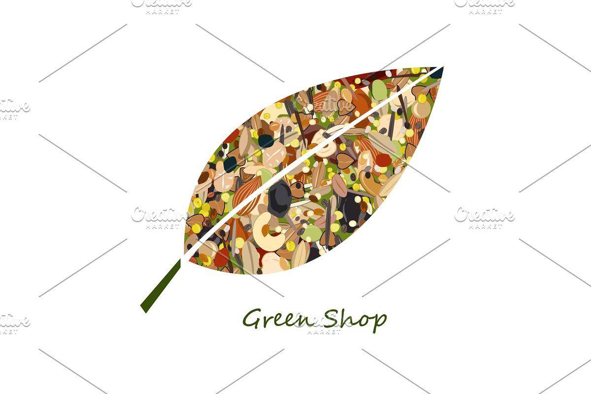 Nuts Logo - Cute leaf shape logo from nuts, dried fuits, grains and cereals. Unusual  design for eco food shop or green store. Vector