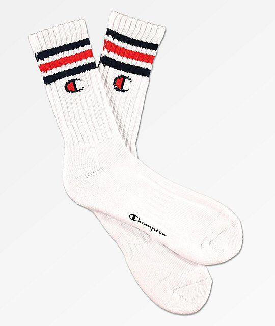 Sock Logo - Champion Logo Stripes White & Navy Crew Socks