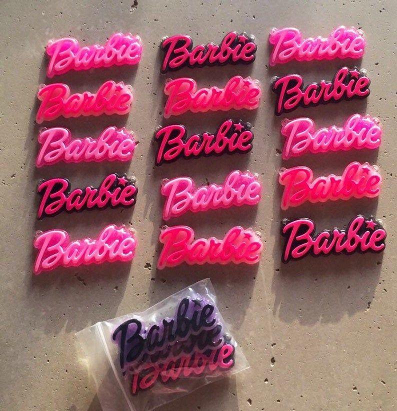 Babrie Logo - Barbie Logo Resin Flat back Cabochons with loops Glitter Pink