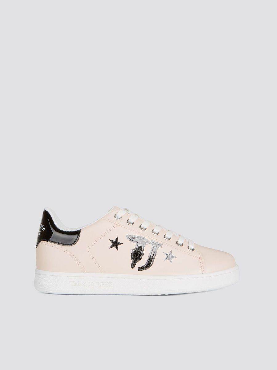 Trussardi Logo - Solid colour faux leather sneakers with star maxi logo | Trussardi ®