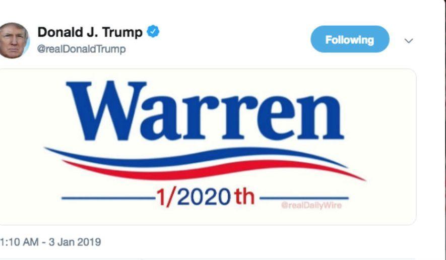 Warren Logo - Donald Trump Jabs Elizabeth Warren In Tweet: 'Warren 1 2020th