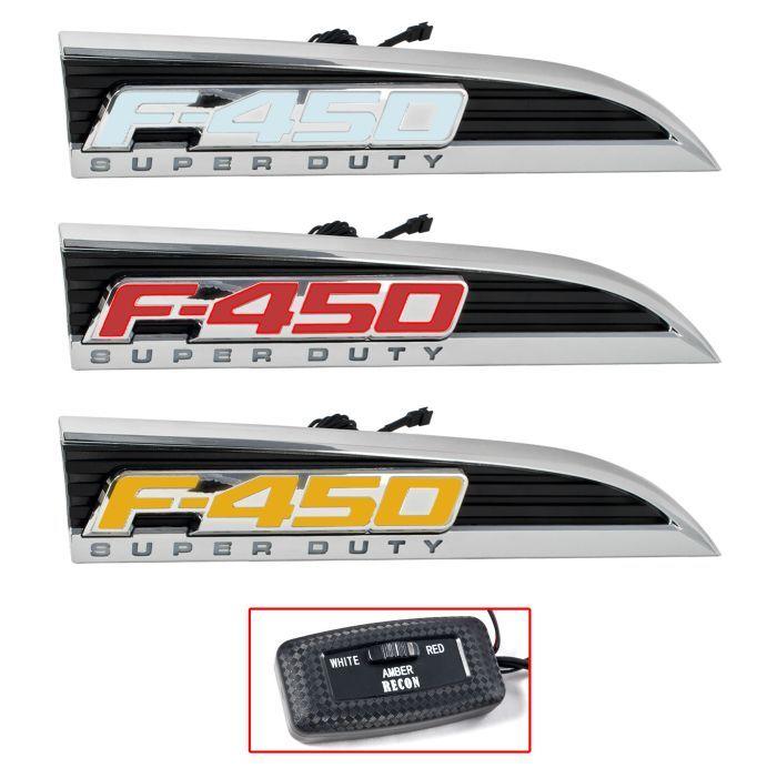 F-450 Logo - 2011-2016 F-450 Superduty RED WHITE AMBER Light Up Fender Emblems Chrome  Pair
