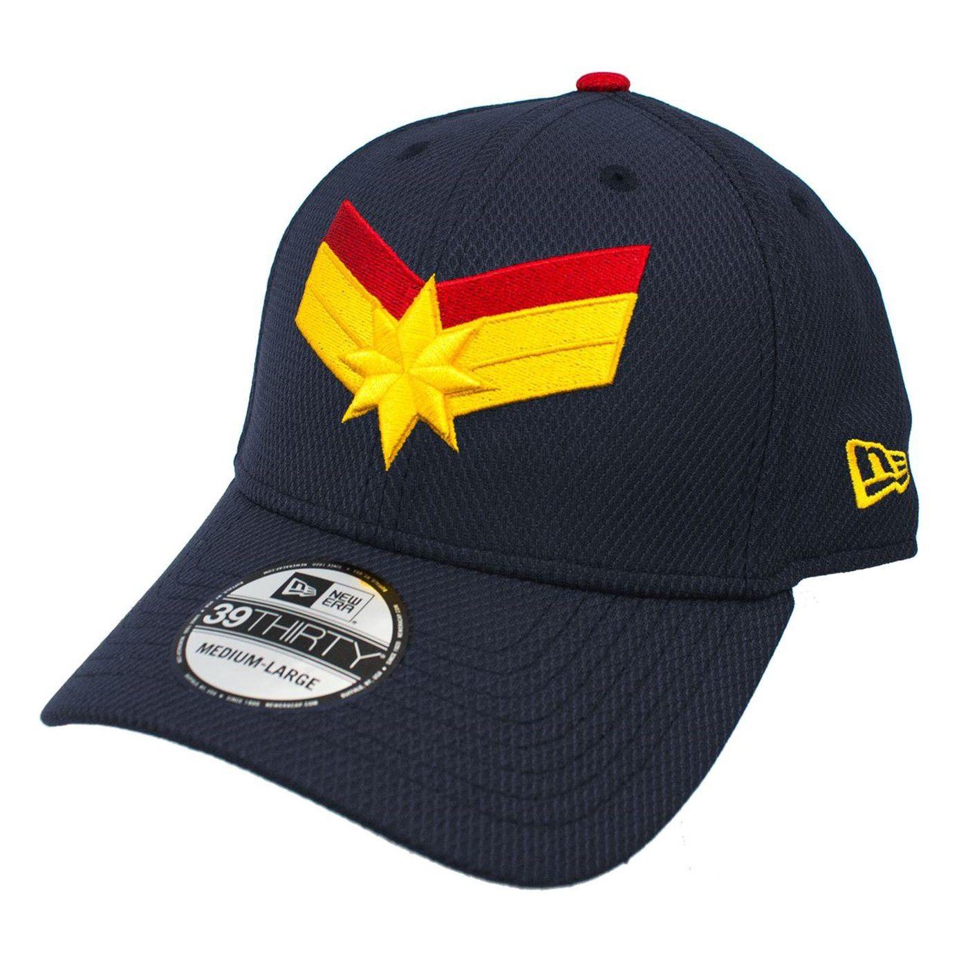 Superherostuff.com Logo - Captain Marvel Navy Scarlet New Era 3930 Flex Fit Hat