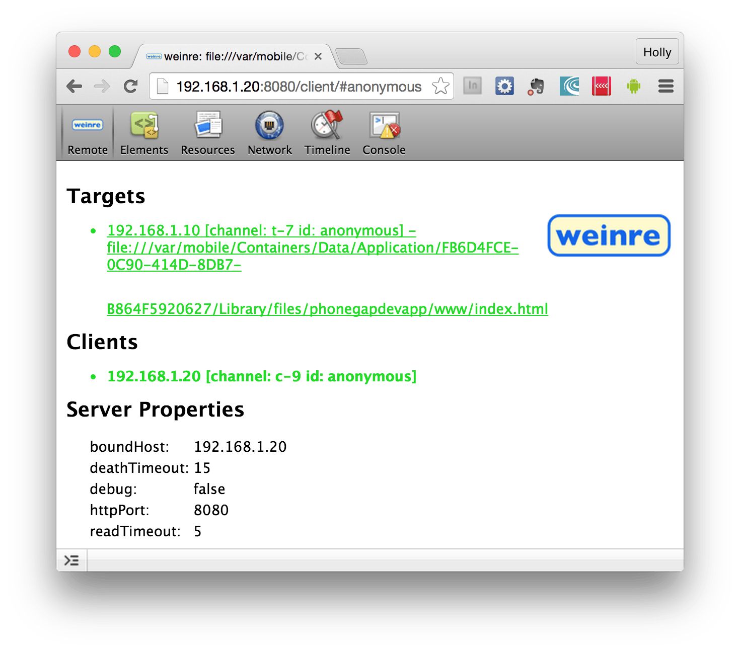Weinre Logo - Debugging | PhoneGap Docs