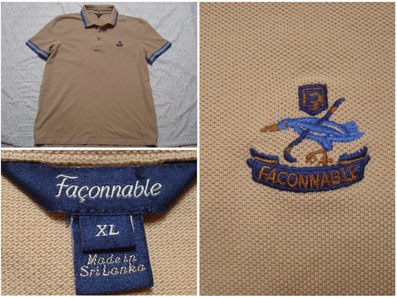 Faconnable Logo - Vintage Men's 90's Faconnable Polo Shirt Tan Khaki Blue Embroidered Logo Short Sleeve Golf XL