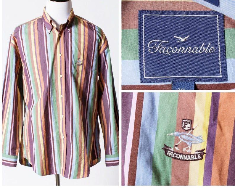 Faconnable Logo - Vintage Men's Shirt Faconnable Multi Color Stripe Logo Bird - Retro 90's  Extra Large XL XXL Button Down