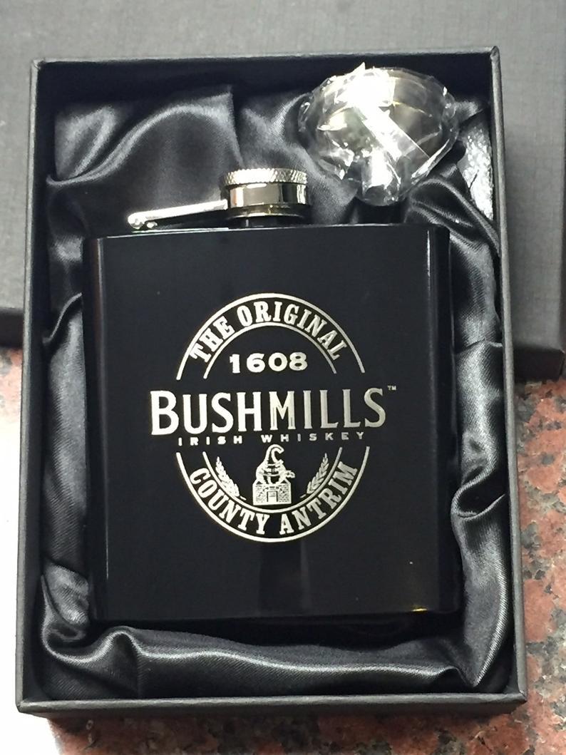 Bushmills Logo - BUSHMILLS HIPFLASK black Stainless Steel 6 oz hip flask county antrim Irish