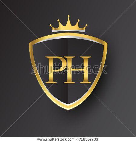 Ph Logo - Initial logo letter PH with shield and crown Icon golden color