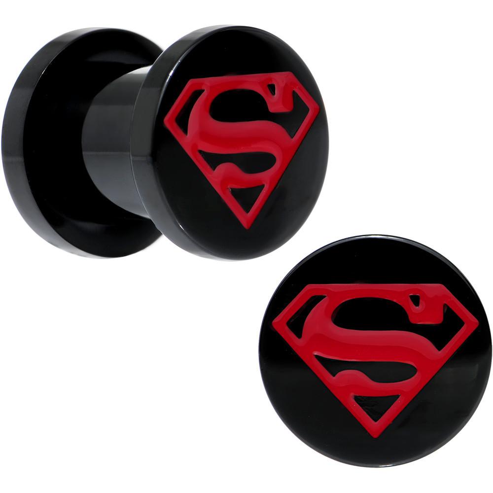 Superboy Logo - 0 Gauge Licensed DC Black PVD Red Superboy Logo Screw Fit Plug Set